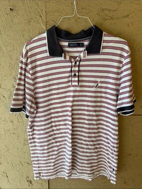 Nautica Men's Red & White Striped Polo with Black Trim